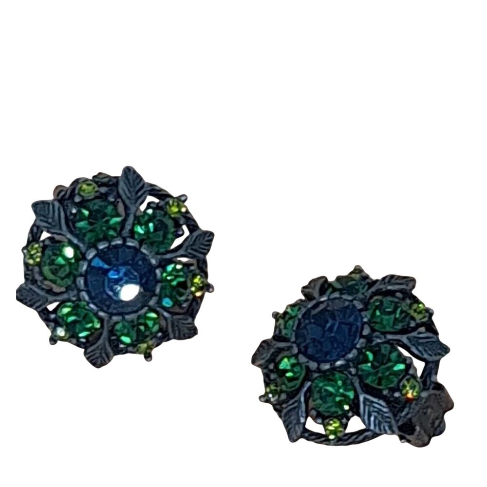 Vtg SELRO-SELINI Rhinestone Earrings Clip On Blue Green Yellow Sparkle Ornate